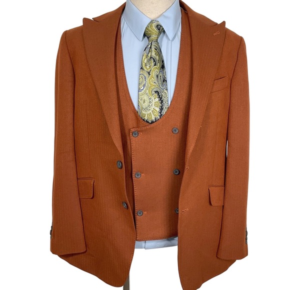 Joseph Abboud White Rust Blazer‎ Vest Men 40R Herringbone Modern Double Breasted